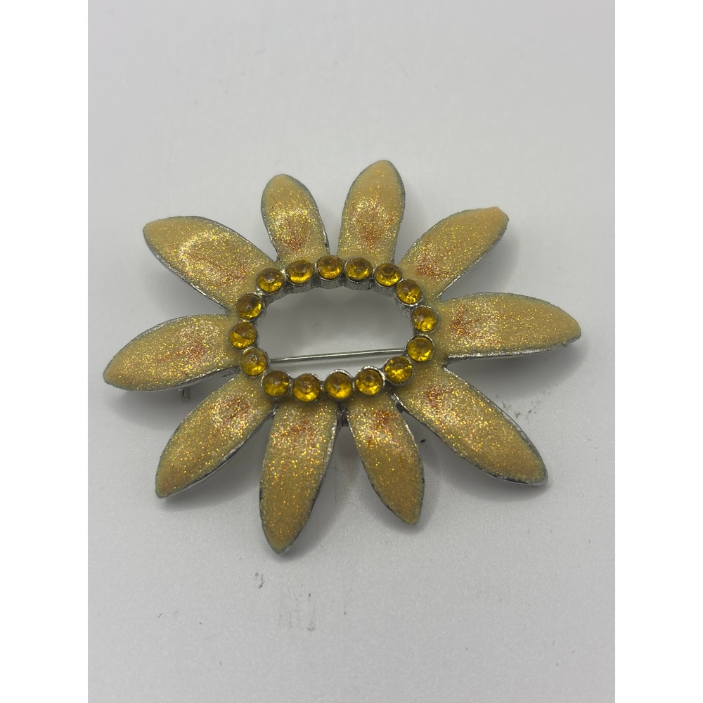 Vintage Yellow Enamel Sunflower Brooch Amber Rhinestone Glitter Floral Pin